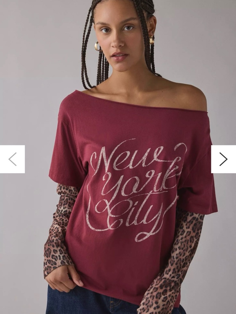 NYC Graphic Layered Leopard Off-Shoulder Long Sleeve Tee
